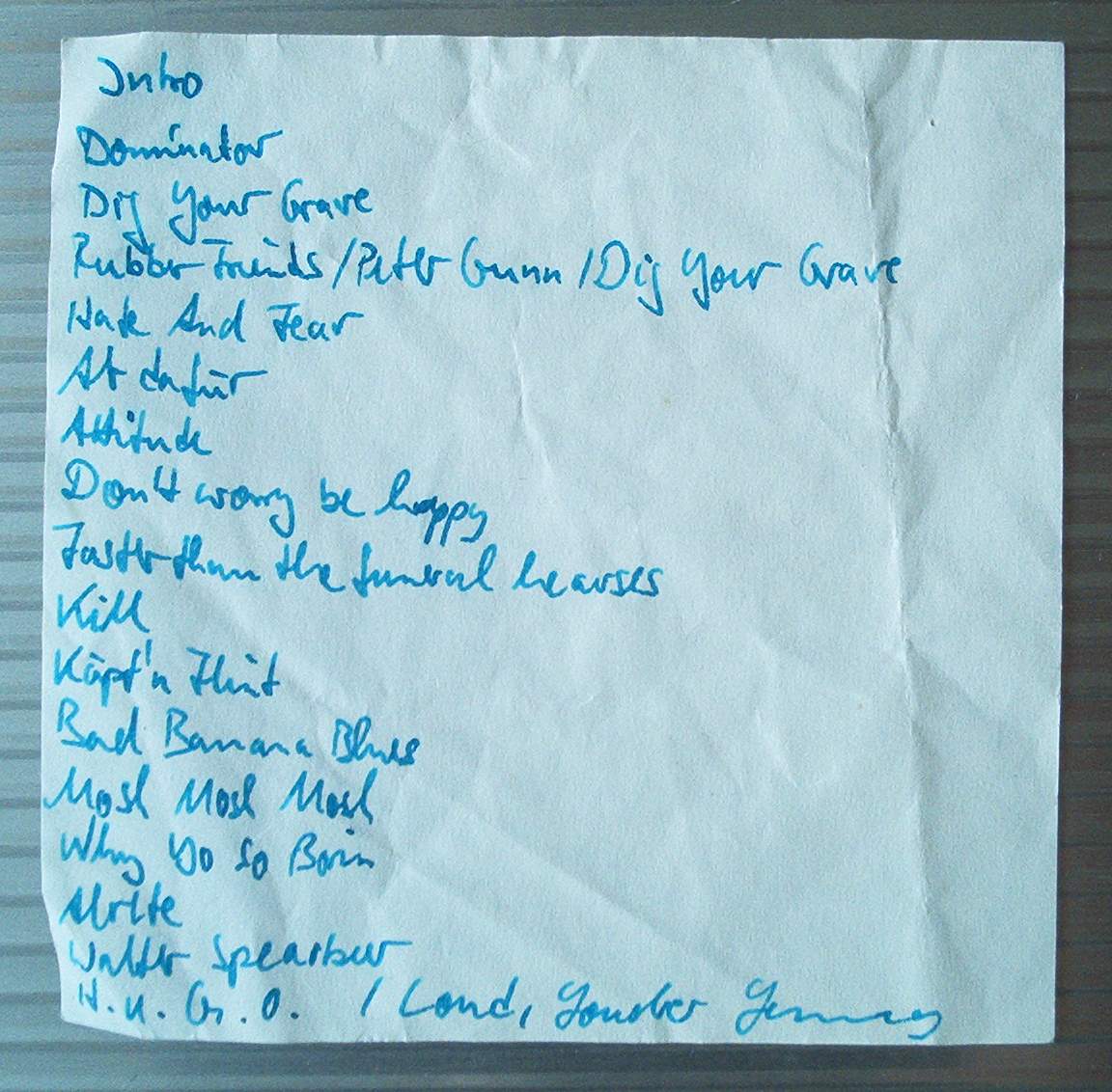 Original handgeschriebene Running Order von Andy für die 89er-Tour "Judge Valentins meets Käpt'n Flint"