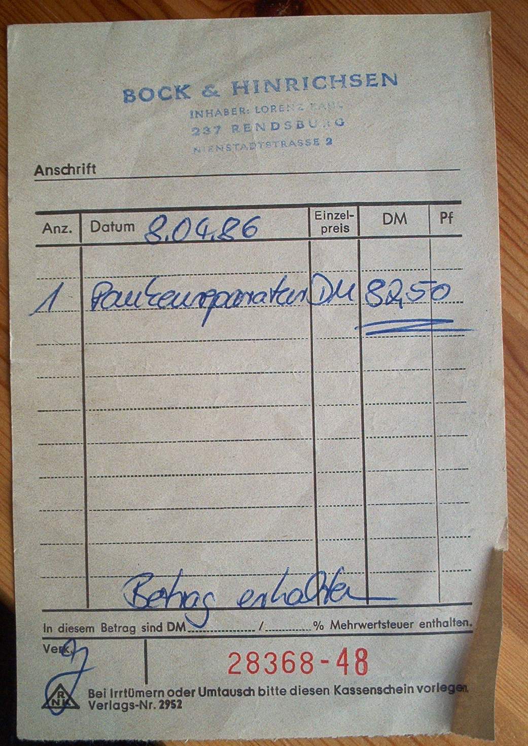 Rechnung über eine Paukenreparatur aus dem Jahre 1986